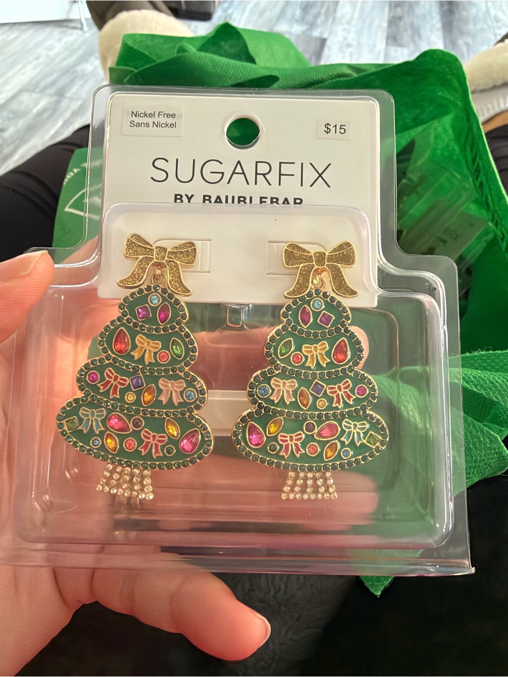 4/$50 Sugar Festive Green Christmas Tree Earrings with Pink and Gold Accents
